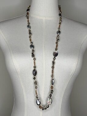Cookie Lee Silver and Taupe Long Mixed-Bead Necklace Vintage Y2K-Era Boho